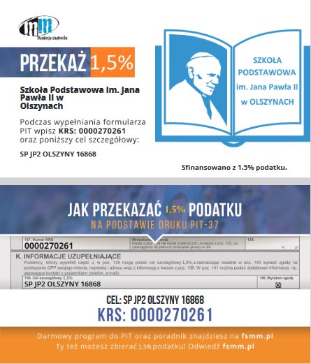Nasza szkoła dołączyła do grona placówek korzystających z odpisu 1,5% podatku na cele publiczne Nasza szkoła dołączyła do grona placówek korzystających z odpisu 1,5% podatku na cele publiczne